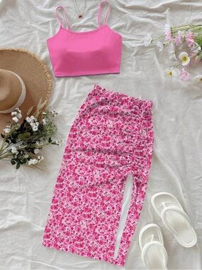 Hot Pink Crop Tank with Pink Floral Side-Slit Midi Skirt